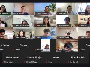 A Zoom screenshot showing students from Duke and India's IP College convening online