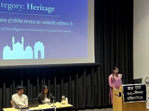 Shreya Joshi speaking at the Yale Hindi Debate