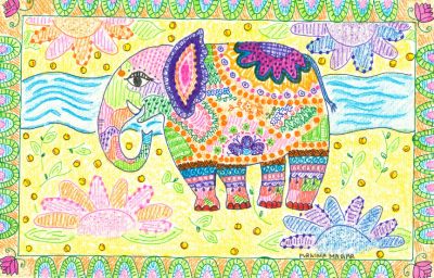 Duke Hindi student's Madhubani art featuring an elephant in the center with vibrant colors and a symmetrical border