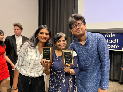 Dr. Kusum Knapczyk (center) with Duke Hindi students (Shourya Aggarwal pictured on right)